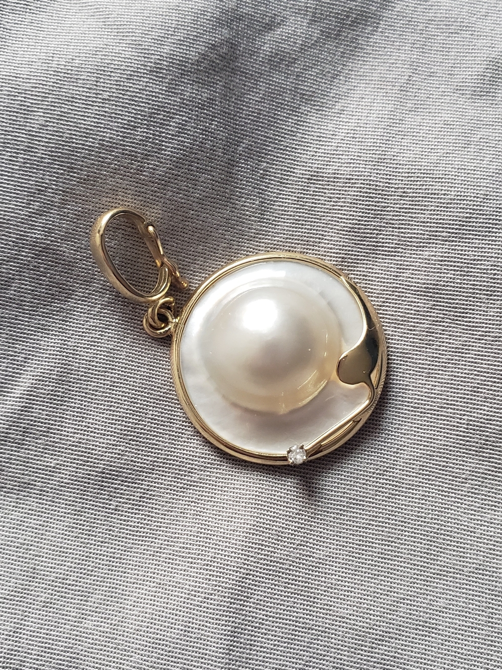 14K Gold Mabe Pearl 22mm and Diamond Pendant